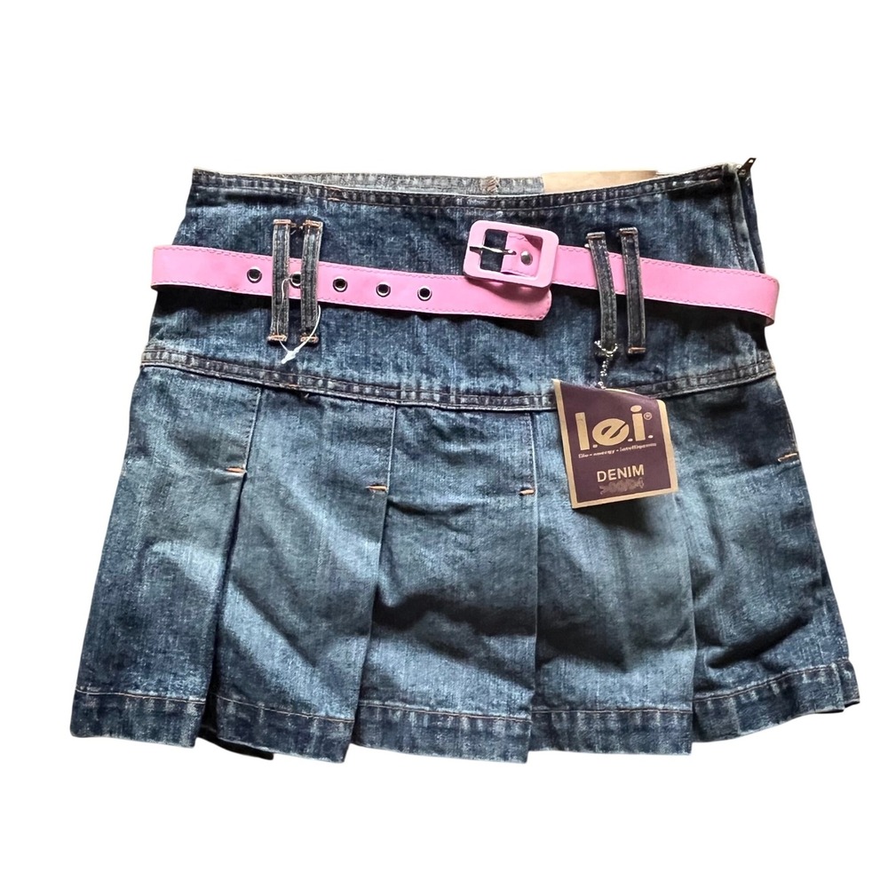 Vtg LEI Girls Denim Scooter Skirt Size 10 Dark Wash Pleated Skort with Pink Belt